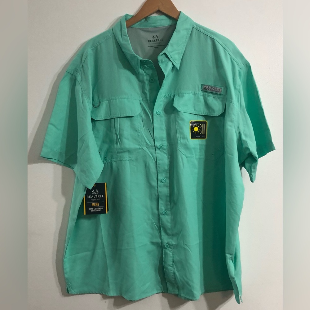 Men’s collars shirt buttons down Fishing Guide  two front pockets mint.2XL